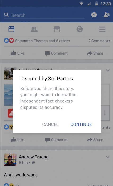 Aviso de conteúdo duvidoso no Facebook antes de uma ação de compartilhamento